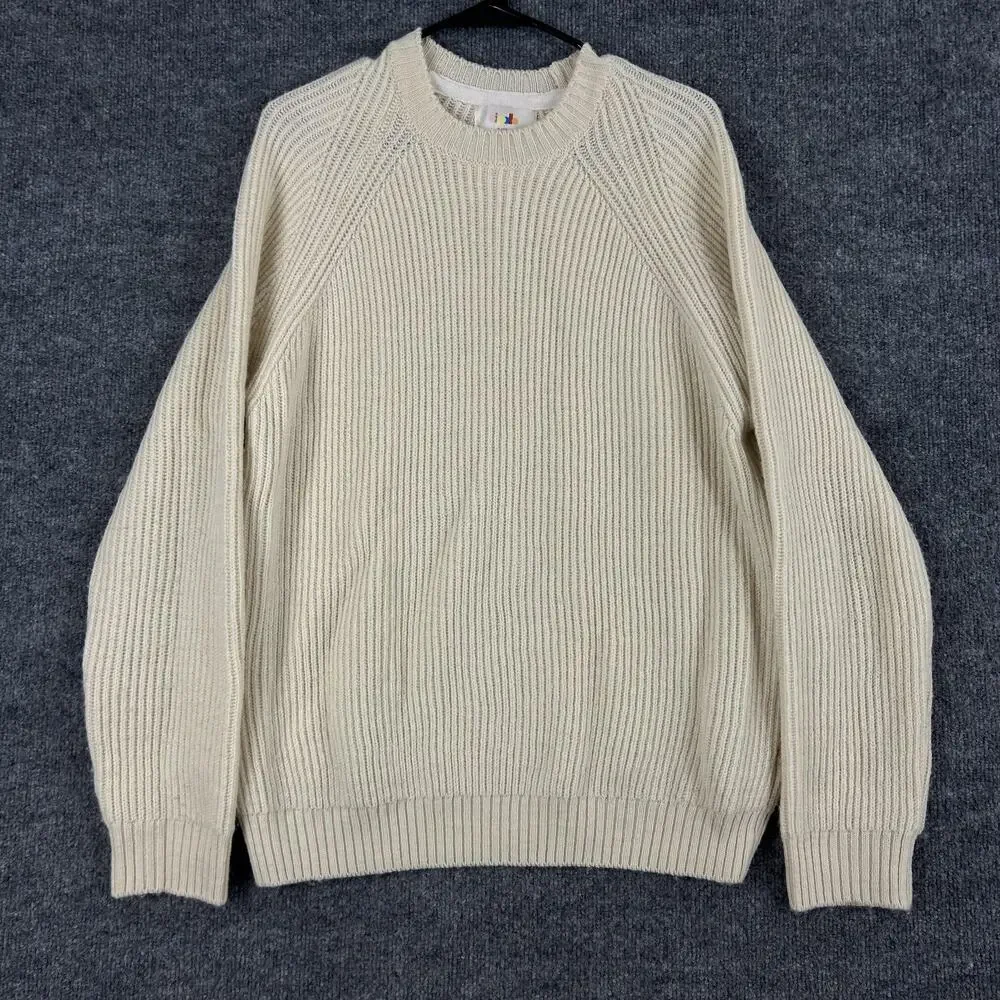 Oi Polloi Sweater Men Large 100% Wool Chunky Knit Beige Crewneck Cozy Comfy Warm